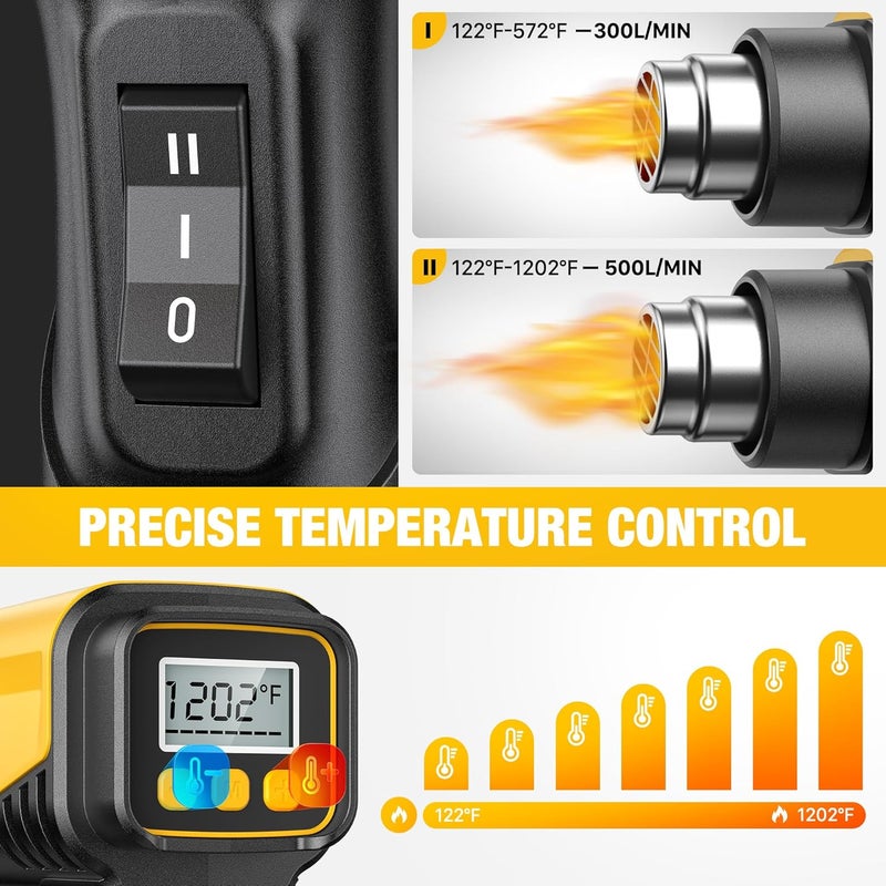 SEEKONE 1800W Heat Gun with LCD Digital Display Compact Design Hot Air Gun Variable Temperature Control 122℉-1202℉（50℃- 650℃）with Memory Function and 4 Nozzles for Crafts, Vinyl Wrap, Shrink Tubing - Image 2